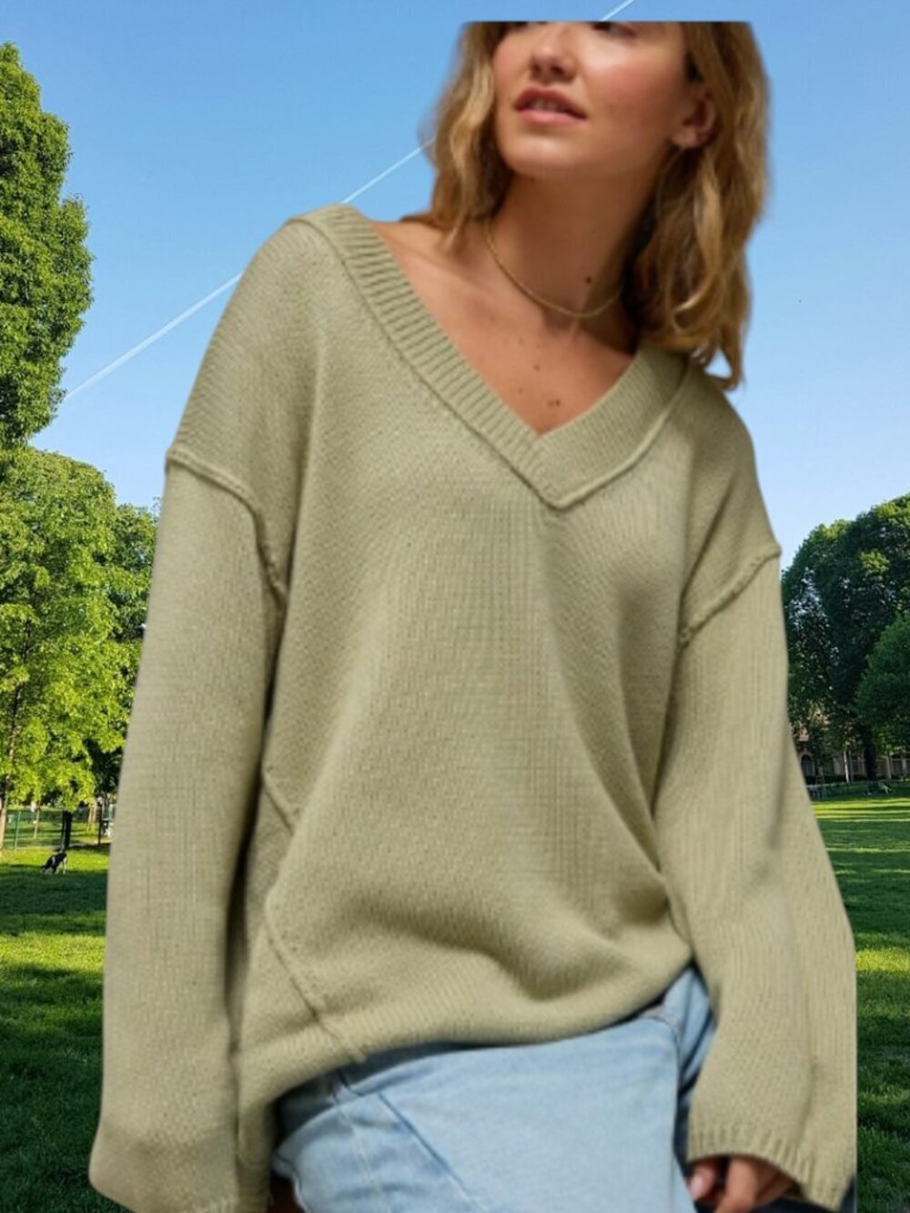NEW!!! AMERICAN EAGLE GREEN V- NECK OVERSIZED SWEATER - SIZE L - Picture 3 of 7